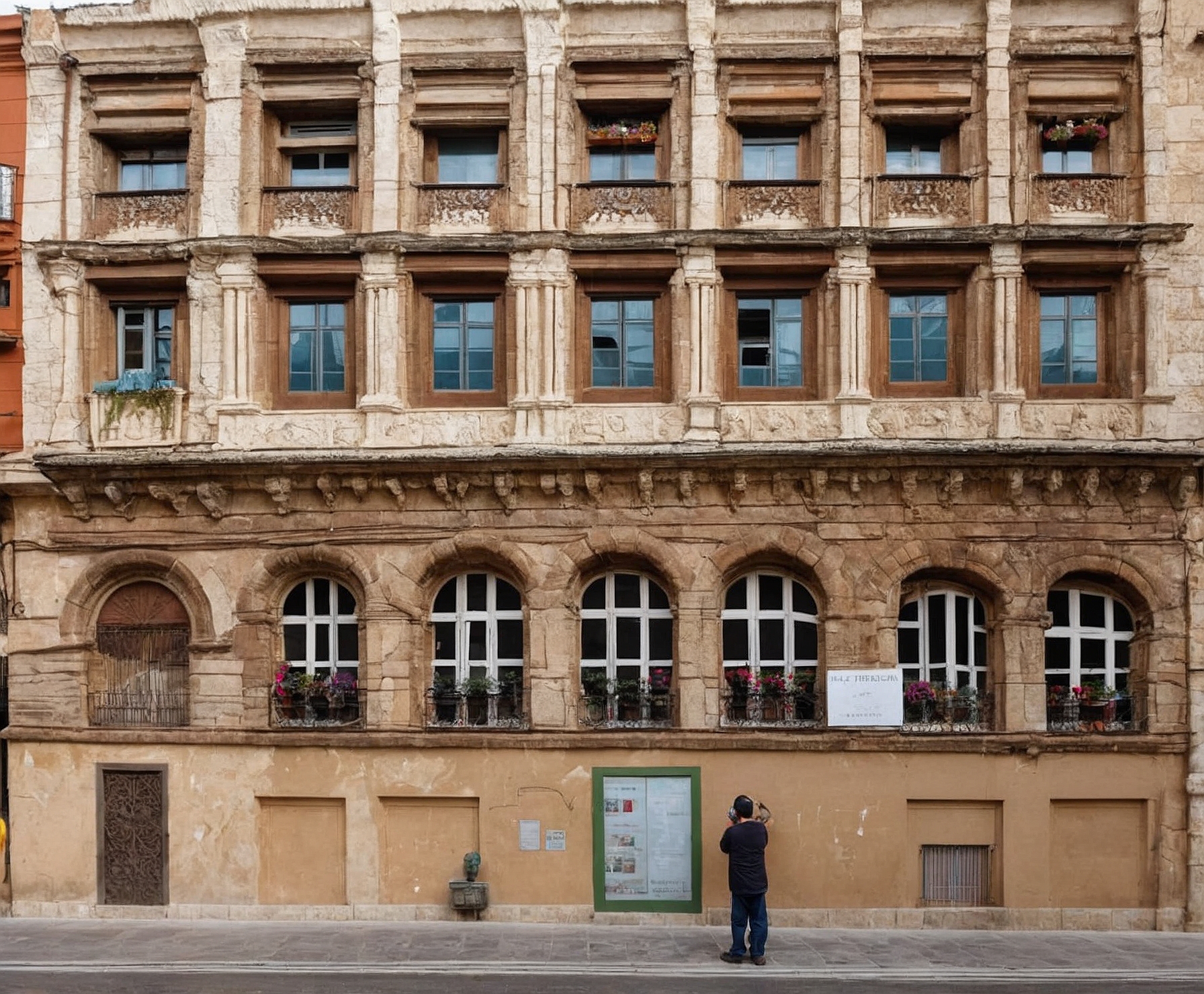 Restauración de fachada histórica con piedra y madera